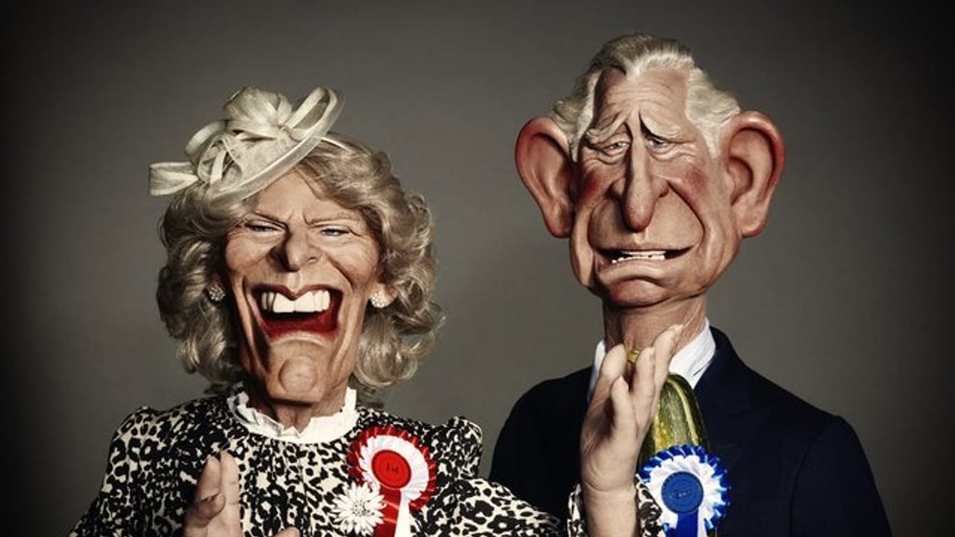 Die "Spitting Image"-Karikaturen von Prinz Charles, Prinz von Wales, und seine Frau Camilla, Herzogin von Cornwall.