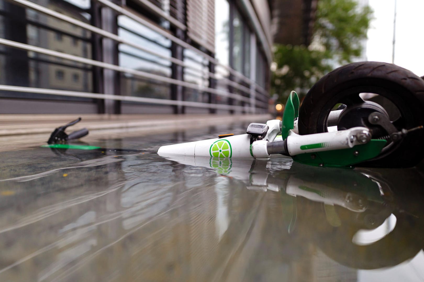 Ein E-Scooter liegt in einer Pfütze (Symbolbild): Ein stark alkoholisierter E-Roller-Fahrer ist in Schlangenlinien durch Wolfsburg gefahren.