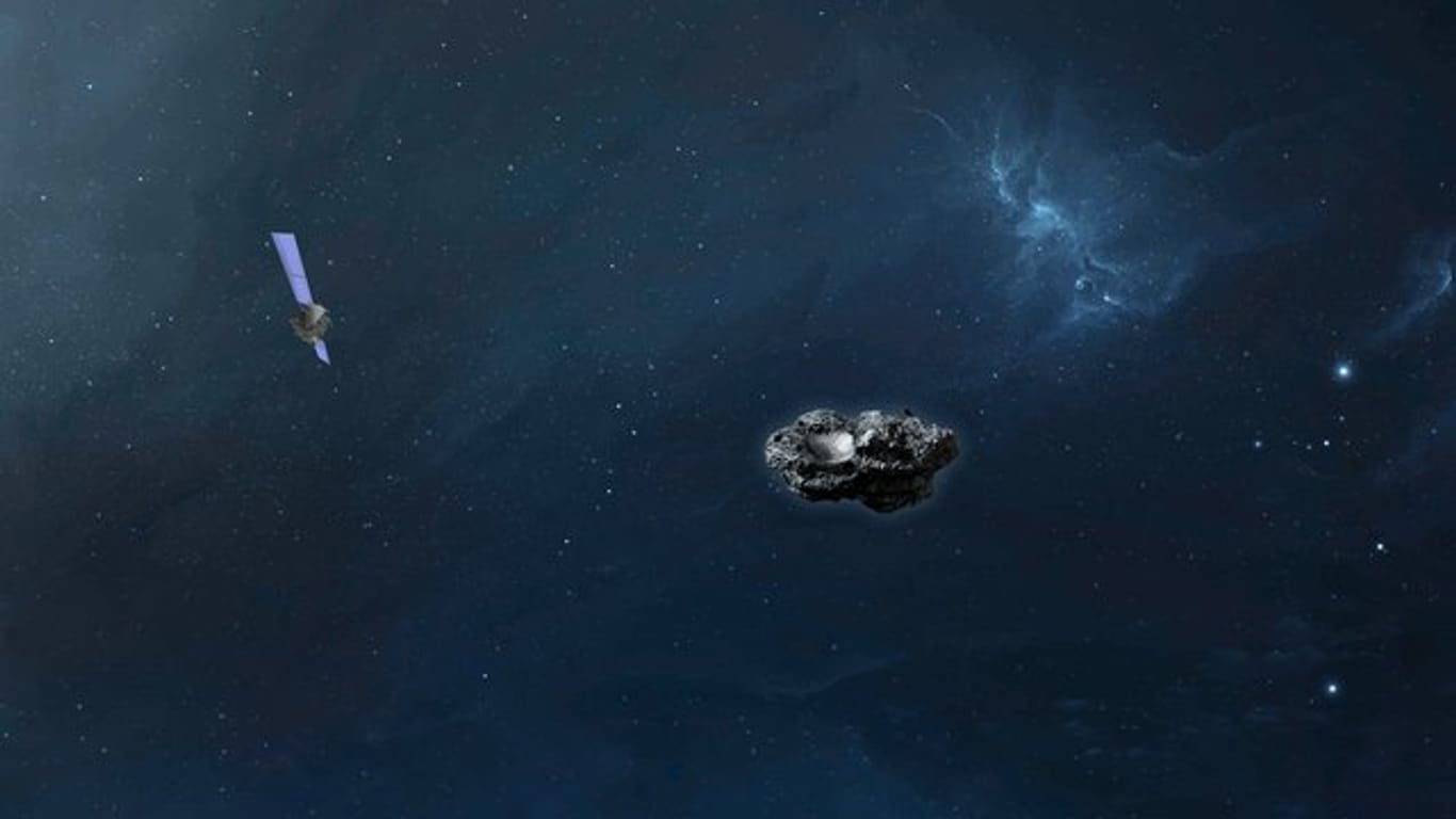 Die Computersimulation zeigt die Sonde Hera im Anflug auf den Asteroiden Didymoon.
