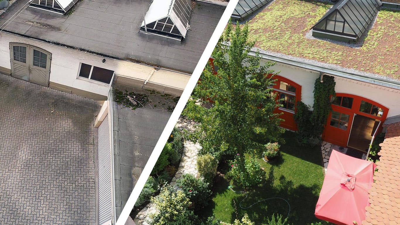 Vor und nach der Begrünungsaktion: Vom Grün profitieren Stadtklima und die Bewohnerinnen und Bewohner dieses Hauses.