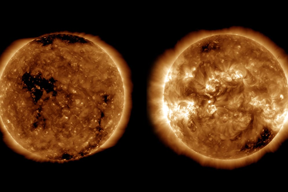 Sonne: Wie in diesen UV-Aufnahmen zu sehen ist, zeigt sich die Atmosphäre der Sonne im Aktivitätsminimum (links, Oktober 2019) von ihrer eintönigen Seite, im Aktivitätsmaximum (rechts, April 2014) als wahres Feuerwerk.