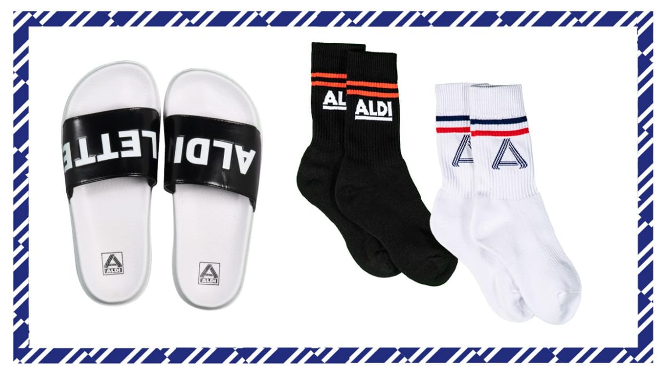 Fußbekleidung: Neben "Aldiletten" in den Farben Schwarz und Weiß gibt es auch passende Socken mit dem Unternehmenslogo.
