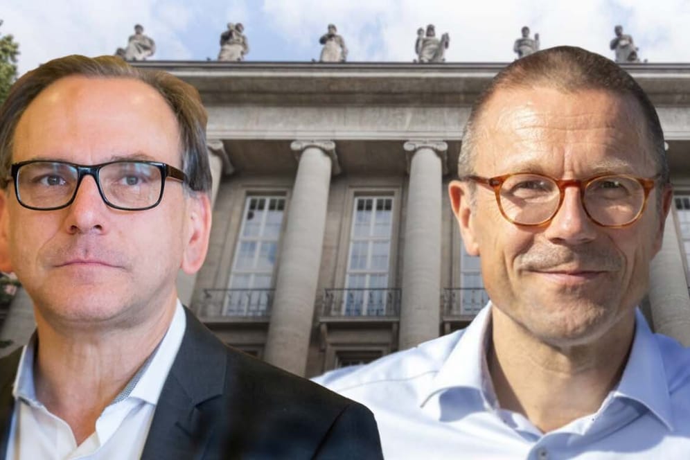 Andreas Mucke (li., SPD) ist amtierender Oberbürgermeister von Wuppertal: Sein Herausforderer Uwe Schneidewind (re.) wird von der CDU und den Grünen unterstützt.