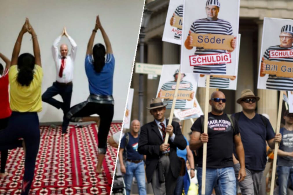 Robby Schlund: Bei der Corona-Demo zeigte der AfD-Abgeordnete sich mit Plakaten als knallharter Richter über die Corona-Maßnahmen, als Anhänger sanfter Medizin ging er auf Ayurveda-Dienstreise.