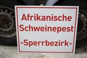 Ein Schild mit der Aufschrift "Afrikanische Schweinepest - Sperrbezirk-" im hessischen Zentrallager für Tierseuchenbekämpfungsmaterial.