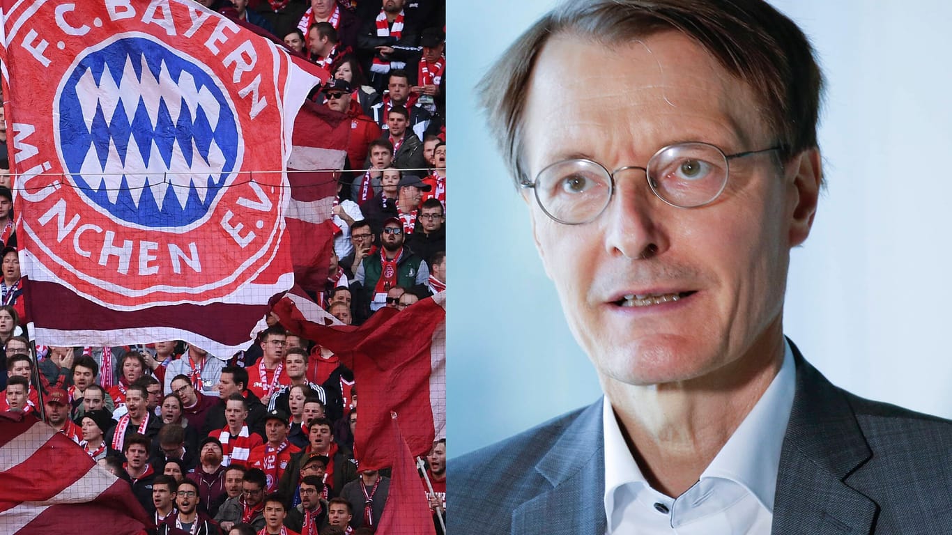Bayern-Fans und Karl Lauterbach (Collage): Der SPD-Gesundheitsexperte fordert den Champions-League-Sieger auf, ohne Fans nach Budapest zu reisen.