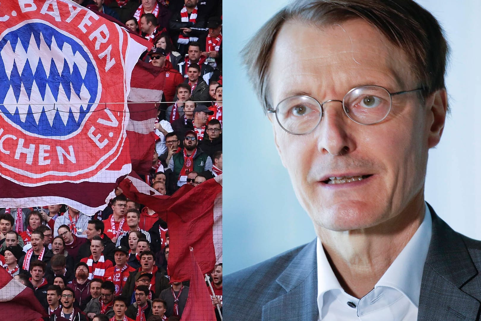 Bayern-Fans und Karl Lauterbach (Collage): Der SPD-Gesundheitsexperte fordert den Champions-League-Sieger auf, ohne Fans nach Budapest zu reisen.