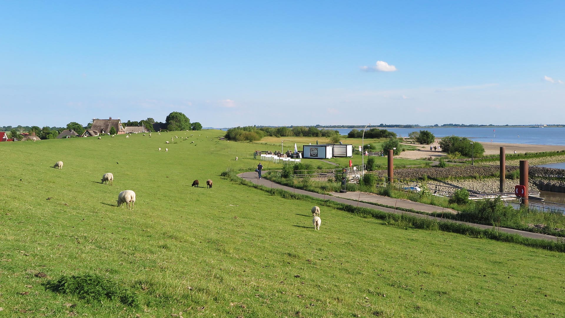 Schöne Aussichten: Elbufer mit dem Container der Strandimbissbude "Strandfloh".