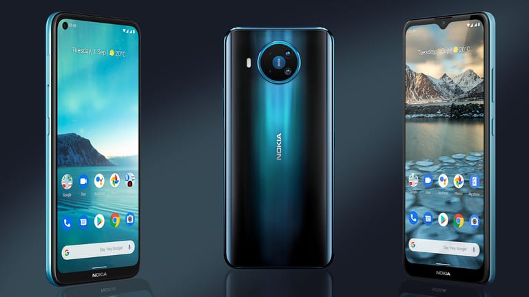 Die drei neuen Nokia-Smartphones (v.l.n.r.): Das Nokia 3.4, das Nokia 8.3 5G und das Nokia 2.4