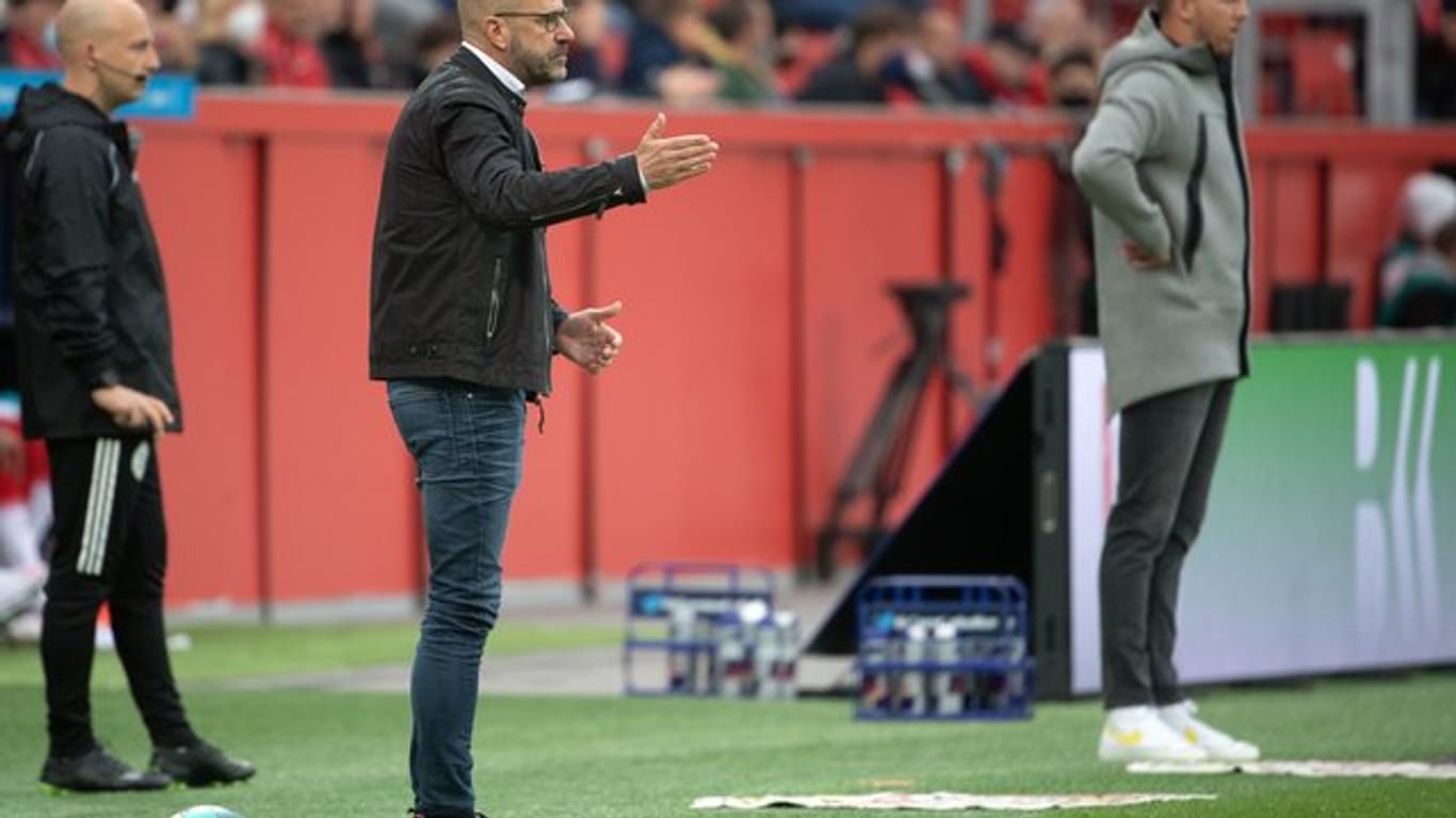 Leverkusens Trainer Peter Bosz (l) und sein Leipziger Kollege Trainer Julian Nagelsmann beobachten das Spiel.