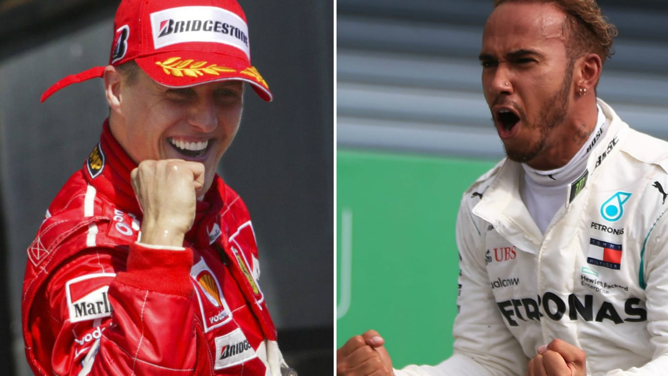 Michael Schumacher (l.) und Lewis Hamilton: Die beiden Formel-1-Riesen machen einige Rekorde unter sich aus.