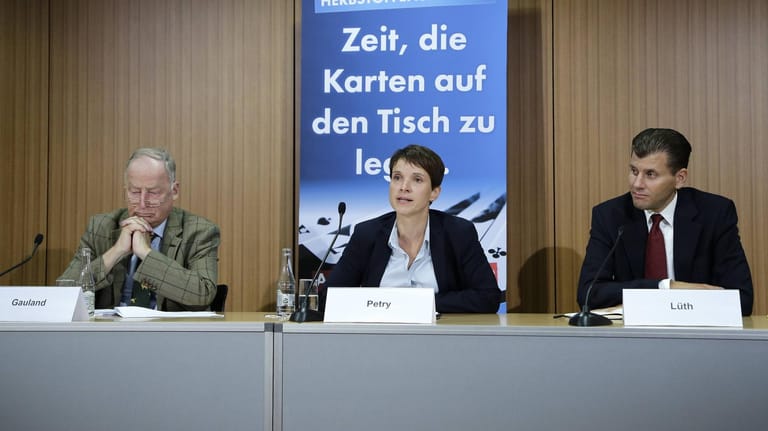Karten auf den Tisch? Frauke Petry auf einem Archivbild von 2015 mit Alexander Gauland und Christian Lüth, damals Pressesprecher der Partei.
