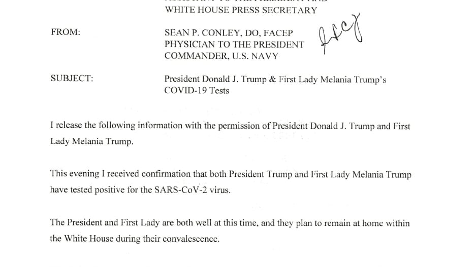 Der Brief von Trumps Leibarzt Sean Conley.