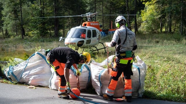 Besatzungsmitglieder binden auf einer Waldlichtung in Rottach-Egern zwei Säcke mit rund 1240 Tannen- und Lärchensetzlingen an einen Hubschrauber. Besatzungsmitglieder binden auf einer Waldlichtung in Rottach-Egern zwei Säcke mit rund 1240 Tannen- und Lärchensetzlingen an einen Hubschrauber.