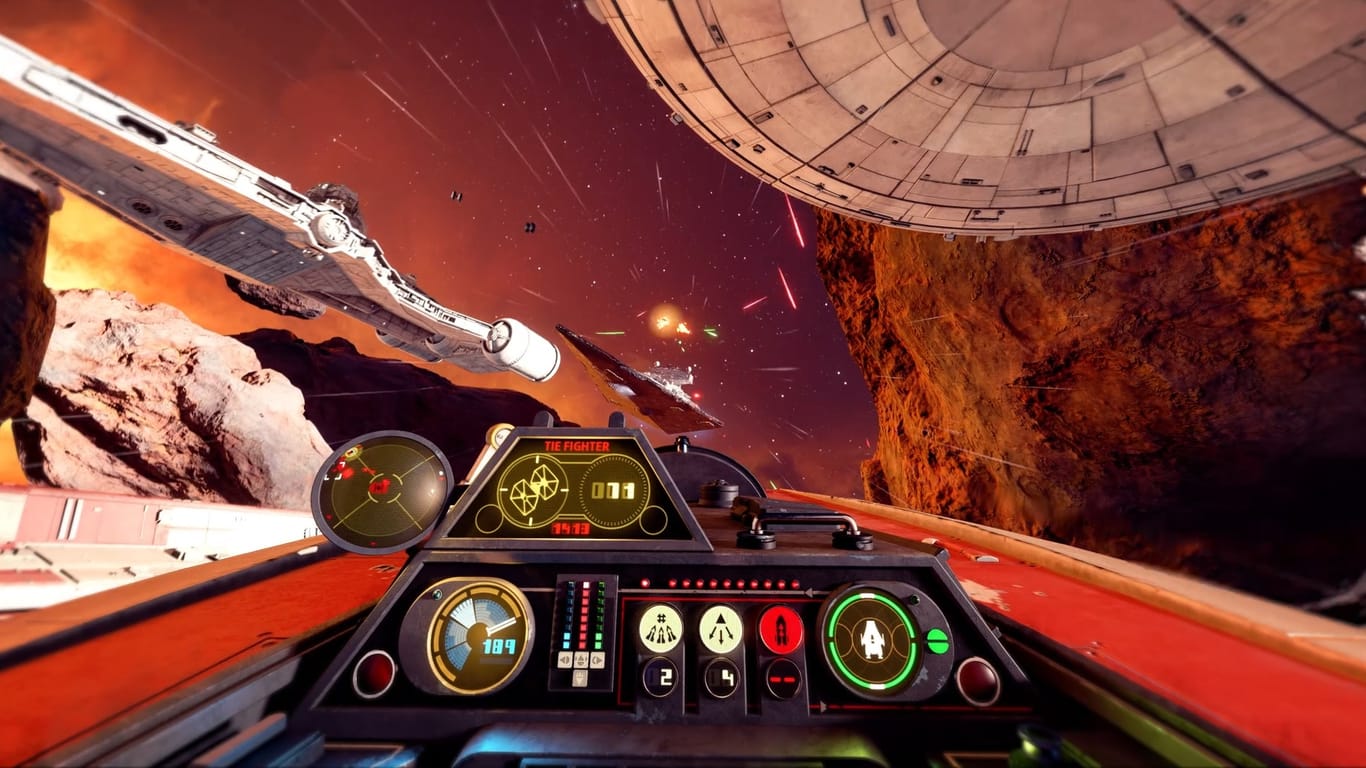 Ein Screenshot aus "Star Wars: Squadrons": Spieler setzen sich in das Cockpit bekannter Star-Wars-Jäger.
