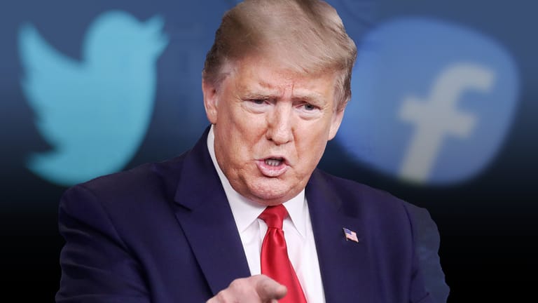 Donald Trump und die Logos von Twitter und Facebook im Hintergrund: Der US-Präsident verharmlost das Coronavirus weiterhin – trotz seiner eigenen Erkrankung.