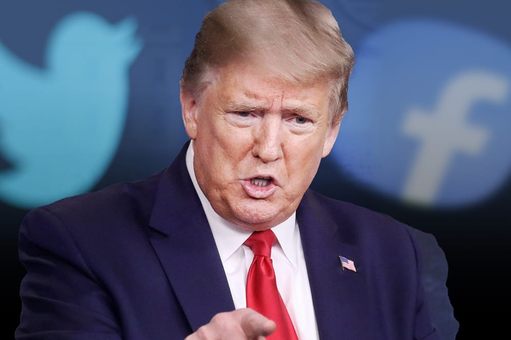 Donald Trump und die Logos von Twitter und Facebook im Hintergrund: Der US-Präsident verharmlost das Coronavirus weiterhin – trotz seiner eigenen Erkrankung.