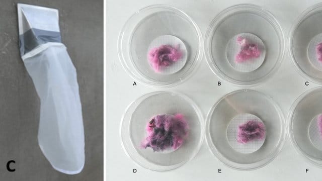 Umweltbelastung: Das Bild zeigt einen Entlüftungsbeutel (links) und Fasern. Elektrische Wäschetrockner geben mehrere Tausend Mikrofasern in die Umgebung ab.