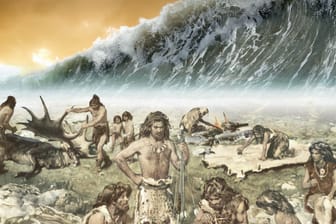 Die Nordseeküste vor rund 8.150 Jahren (Symbolbild/Bildcollage t-online): Gewaltige Tsunamis überfluteten das Land.