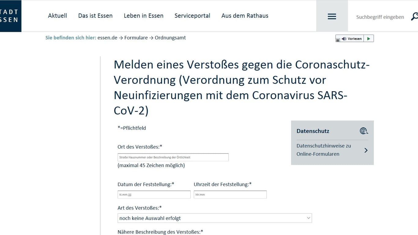 Das Online-Formular für Corona-Verstöße der Stadt Essen (Screenshot): Stadtdirektor Peter Renzel fordert eine Entschuldigung von Bundestagsvizepräsident Wolfgang Kubicki für dessen harsche Kritik.