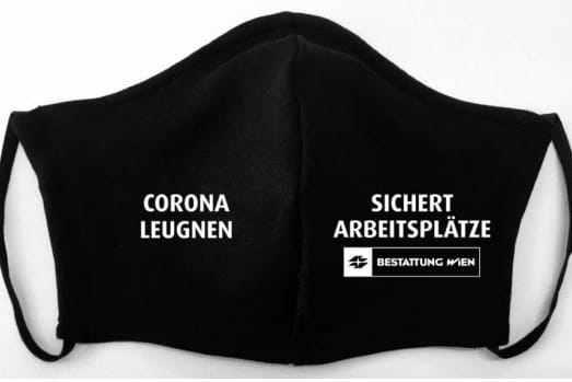 MNS-Schutz mit der Aufschrift "Corona leugnen sichert Arbeitsplätze": Derzeit laufen die Vorbestellungen.