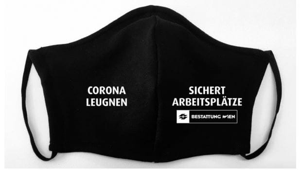 MNS-Schutz mit der Aufschrift "Corona leugnen sichert Arbeitsplätze": Derzeit laufen die Vorbestellungen. MNS-Schutz mit der Aufschrift "Corona leugnen sichert Arbeitsplätze": Derzeit laufen die Vorbestellungen.