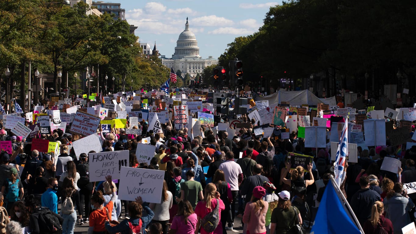 Der Demo-Zug auf dem Weg zum Capitol: Immer wieder stechen die pinken Hüte und T-Shirts ins Auge: Ein Erkennungsmerkmal der Protestbewegung.