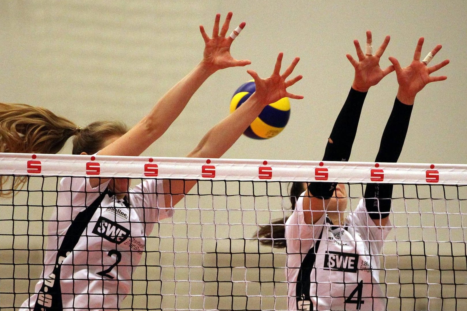 Zwei Spielerinnen springen ans Netz (Symbolbild): Die Volleyballerinnen von Schwarz-Weiß Erfurt mussten am Wochenende ohne Punkte nach Hause fahren.