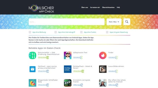 Screenshot der Webseite "App-Check": Der App-Check auf "Mobilsicher.de" zeigt, welche Anwendungen schnüffeln und welche nicht.