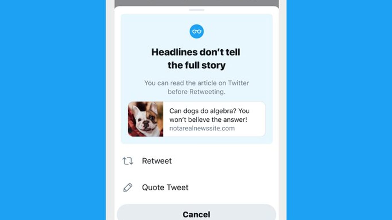 "Die Überschrift erzählt nicht die ganze Geschichte": Twitter testet eine neue Funktion, die Nutzer zum Lesen von Artikeln auffordert, bevor sie diese teilen.