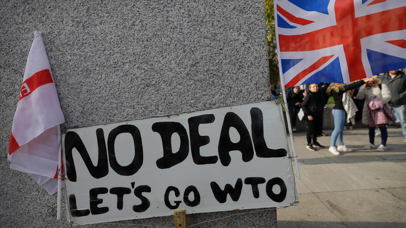 Ein Schild eines Pro-Brexit-Demonstranten mit der Aufschrift "No Deal Let's Go WTO" in London: Sollte es tatsächlich zu einem Brexit ohne Handelsvertrag kommen, würden mit den WTO-Regeln auch gegenseitige Zölle fällig werden.