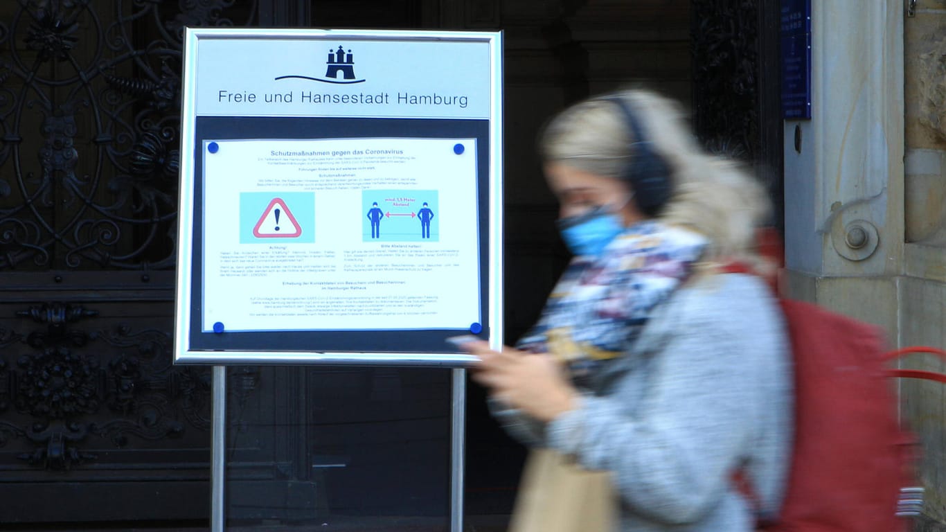 Eine Frau mit einer Mund-Nasen-Maske geht an einem Schild am Eingang des Rathauses in Hamburg vorbei (Symbolbild): Die Stadt gilt nun als Risikogebiet.