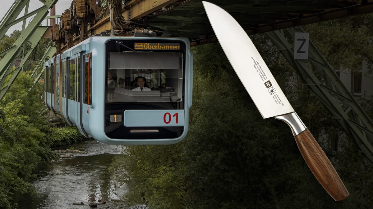 Die Schwebebahn und ein Messer (Collage): Das Messer ist aus altem Metall der Wuppertaler Schwebahn hergestellt.