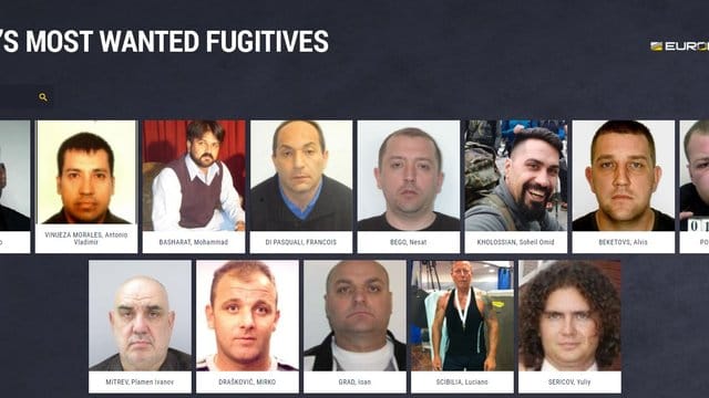 Der Screenshot der Webseite von Europol, "eumostwanted.