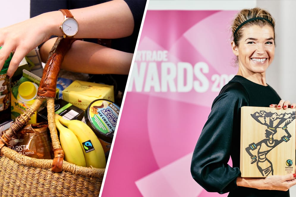 Ein Korb mit fair gehandelten Lebensmitteln und Komikerin Anke Engelke daneben (Collage): Die Siegel-Organisation Fairtrade hat nachhaltige Unternehmen mit Preisen ausgezeichnet. Engelke gratulierte den Siegern.