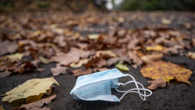 Eine weggeworfene Maske zwischen Herbstlaub auf einer Straße.