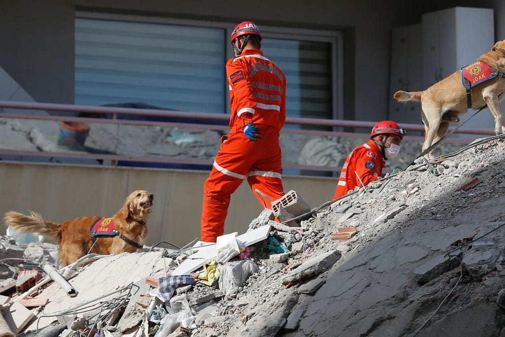 Türkei, Izmir: Rettungskräfte suchen mit Spürhunden in den Trümmern eines eingestürzten Gebäudes nach Überlebenden.