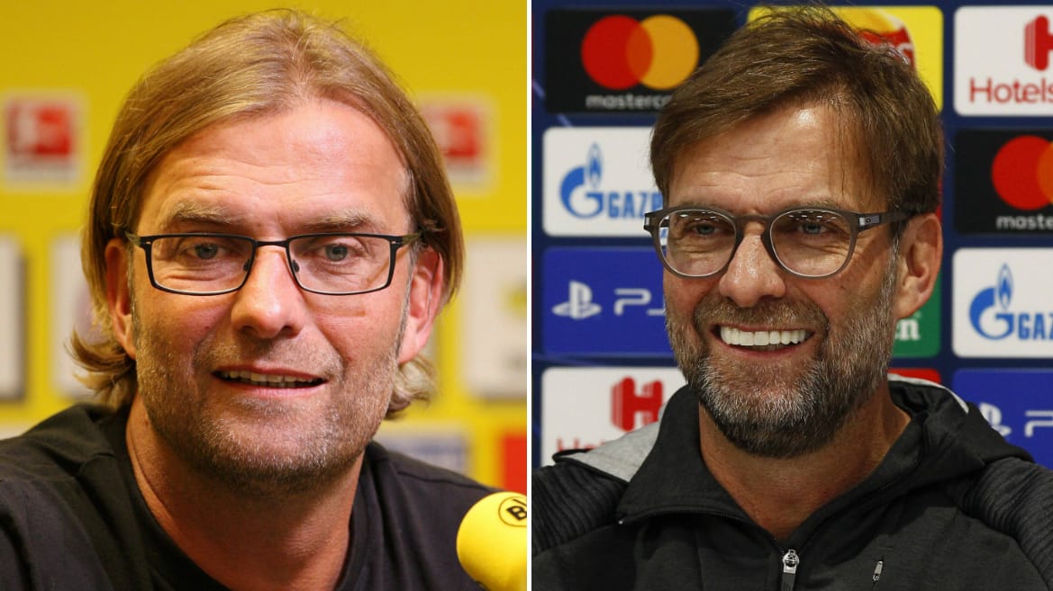 Problem bei der Wurzel gepackt: Jürgen Klopp auf einer BVB-PK 2012 (l.) und beim FC Liverpool 2020.