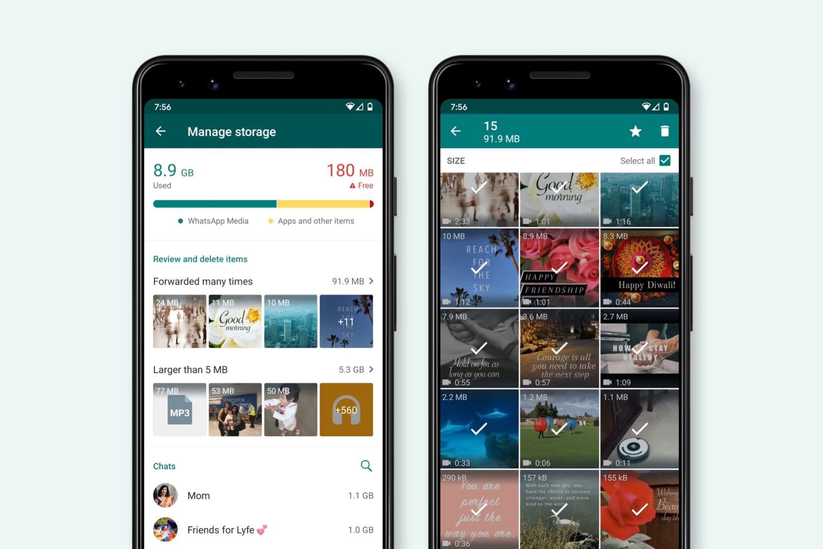 WhatsApp auf einem Smartphone: Die Speicherverwaltung des Messengers wurde überarbeitet.