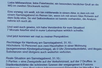 Ein Foto des Briefs, den eine Mutter in Hamburg aufgehängt hat: Hiermit wollte sie ihre Nachbarn dazu aufrufen, sich an die Corona-Regeln zu halten und wohl auch etwas Dampf ablassen.