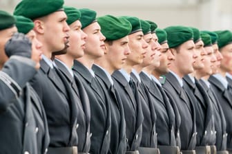 Rekruten stehen beim großen öffentlichen Gelöbnis von Bundeswehrsoldaten vor dem Reichstag: Die Bundeswehr wird 65.