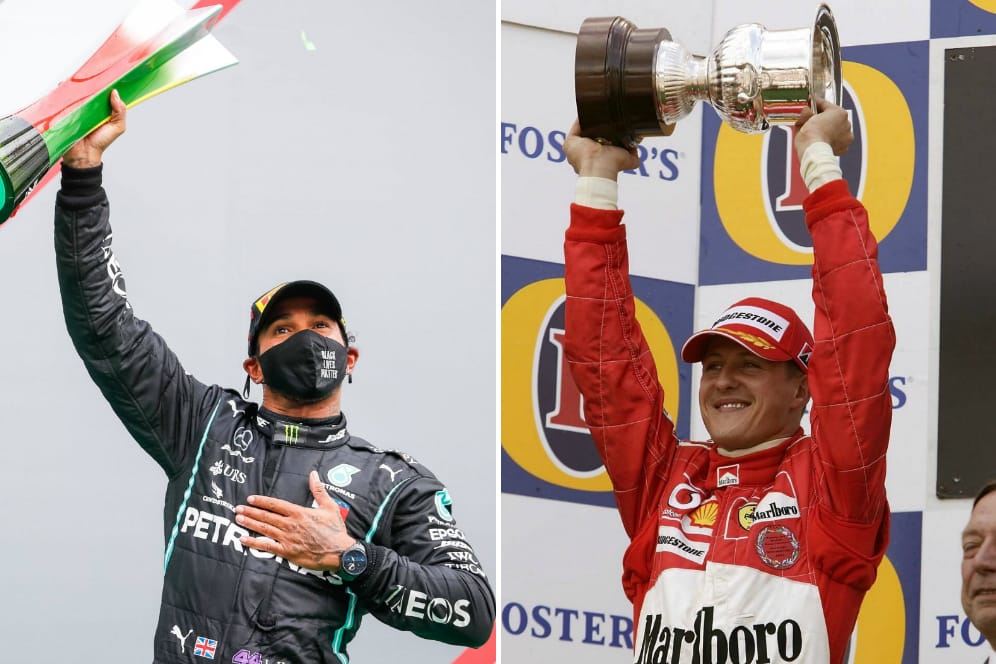 Auf Augenhöhe: Lewis Hamilton (l.) kann in Istanbul mit Michael Schumacher bei den WM-Titeln gleichziehen.