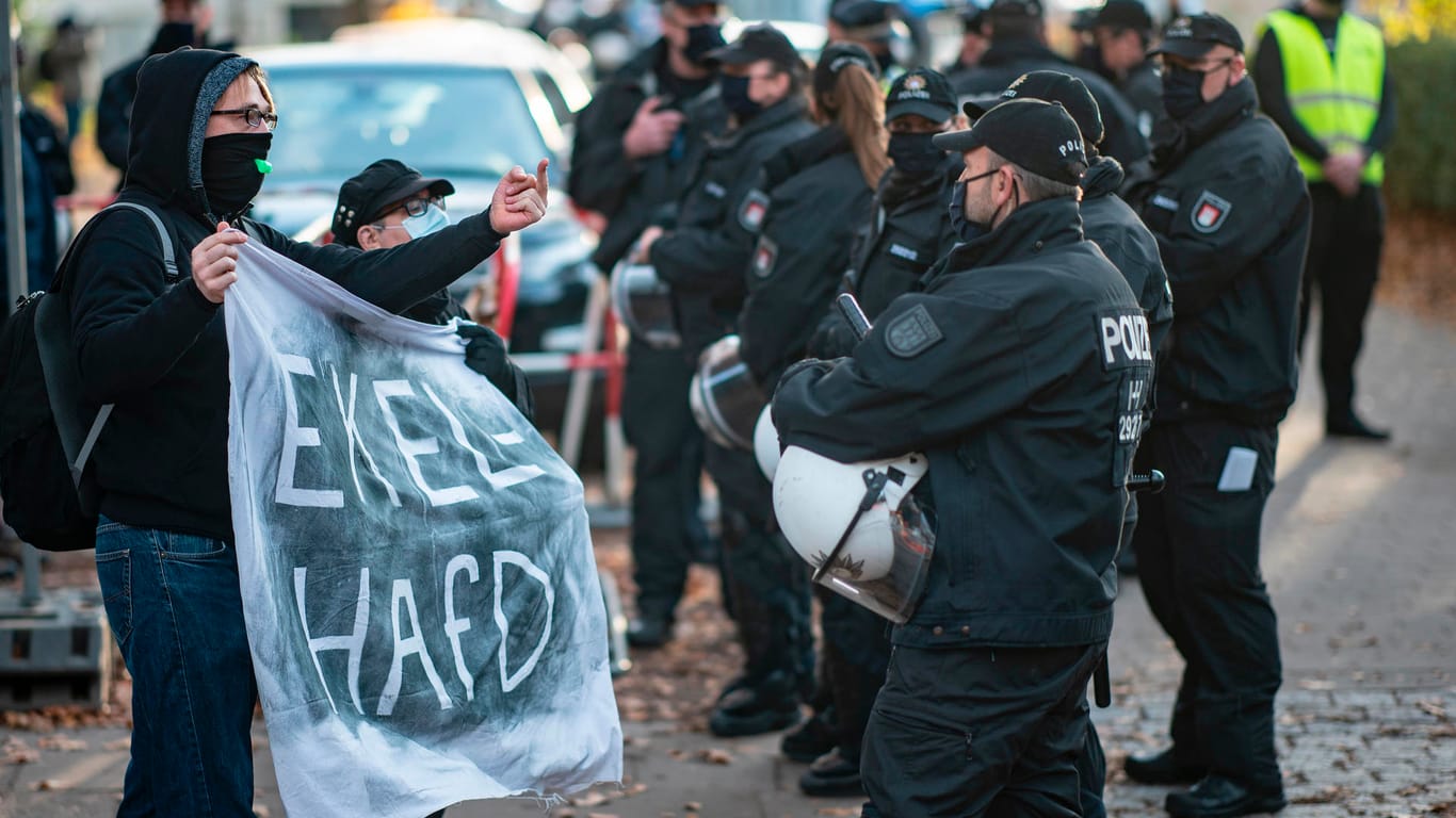 Ein linker Demonstrant zeigt Polizisten den Mittelfinger: Vor einem AfD-Parteitag in Hamburg kam es auf einer Gegendemo zu Rangeleien mit der Polizei.