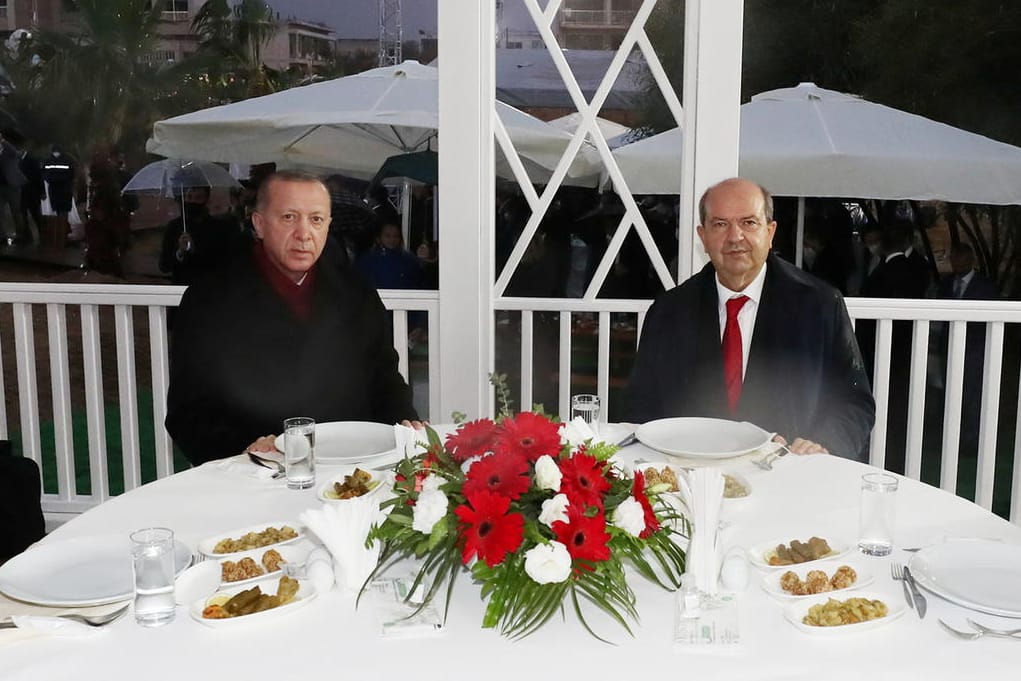 Turkish President Tayyip Erdogan and Turkish Cypriot leader Ersin Tatar visit an area fenced off by the Turkish military since 1974 in the abandoned coastal settlement of Varosha