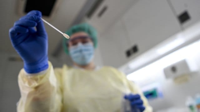 Eine Studienassistentin hält einen Tupfer für einen PCR-Test in der Hand.