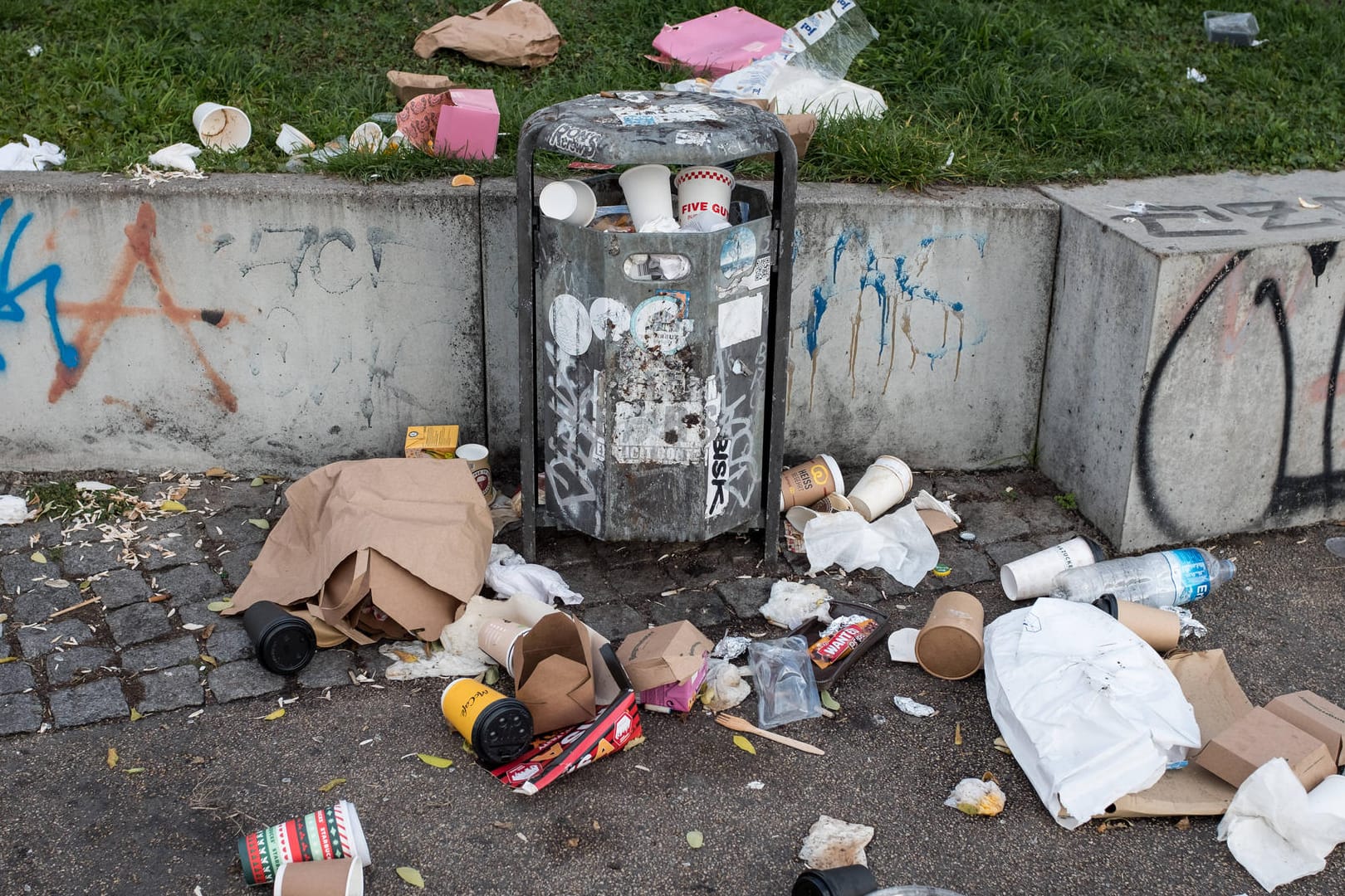 Ein Mülleimer in Berlin-Friedrichshain: Der Behälter quillt über, der meiste Müll stammt von mitgenommenen Speisen.