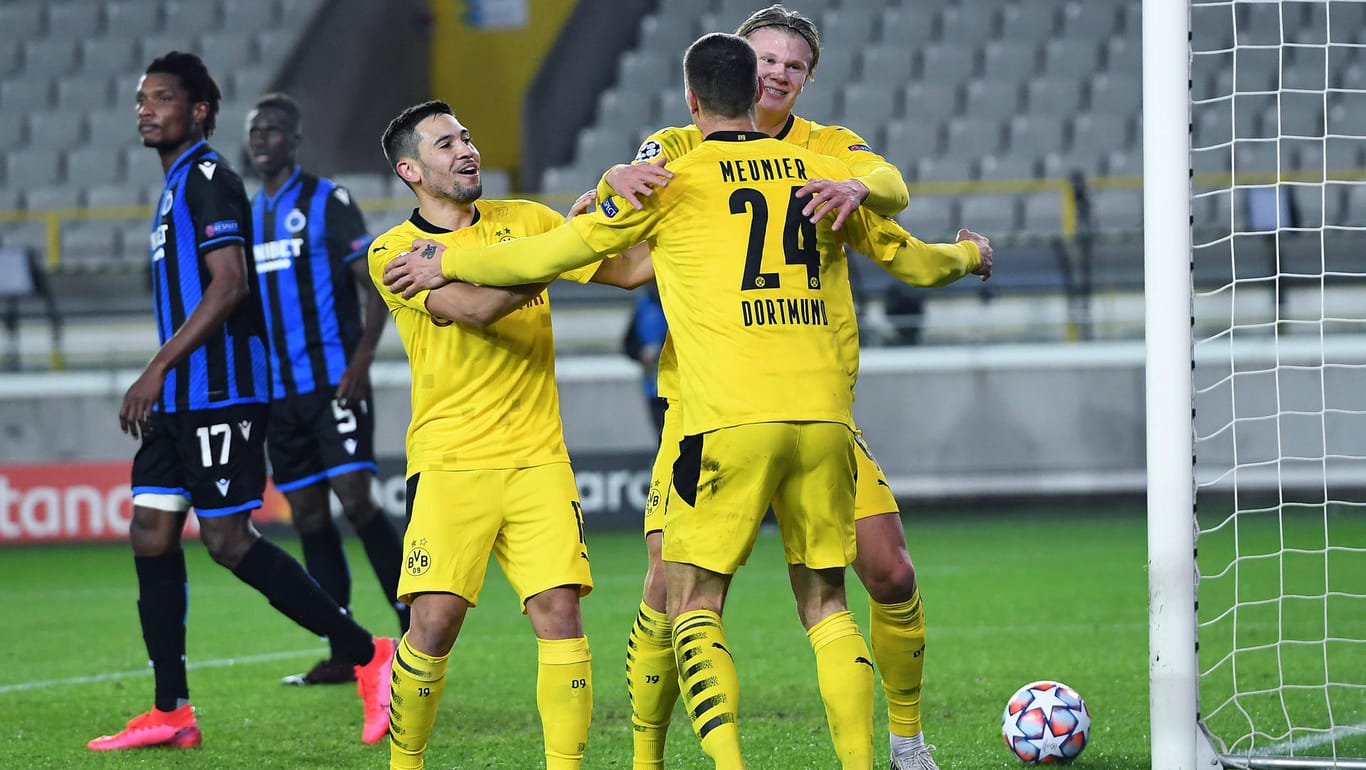 Haaland und Dortmund-Spieler jubeln nach Tor: Im Hinspiel gewann der BVB gegen Brügge.