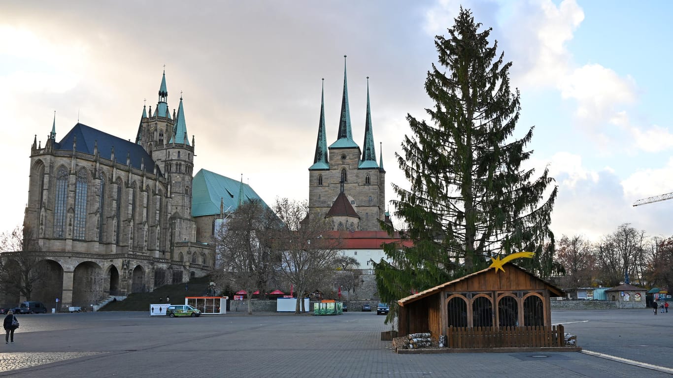 Der Weihnachtsbaum und die Hütte für die Krippe stehen auf dem Domplatz: Durch Dekoration soll in Erfurt doch noch etwas Weihnachtsstimmung aufkommen.