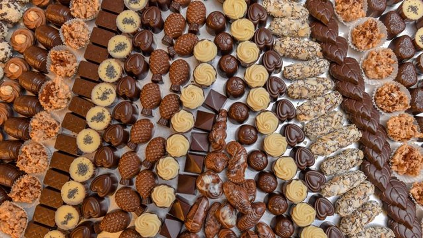 In einer Chocolaterie liegen handgefertigte Pralinen.