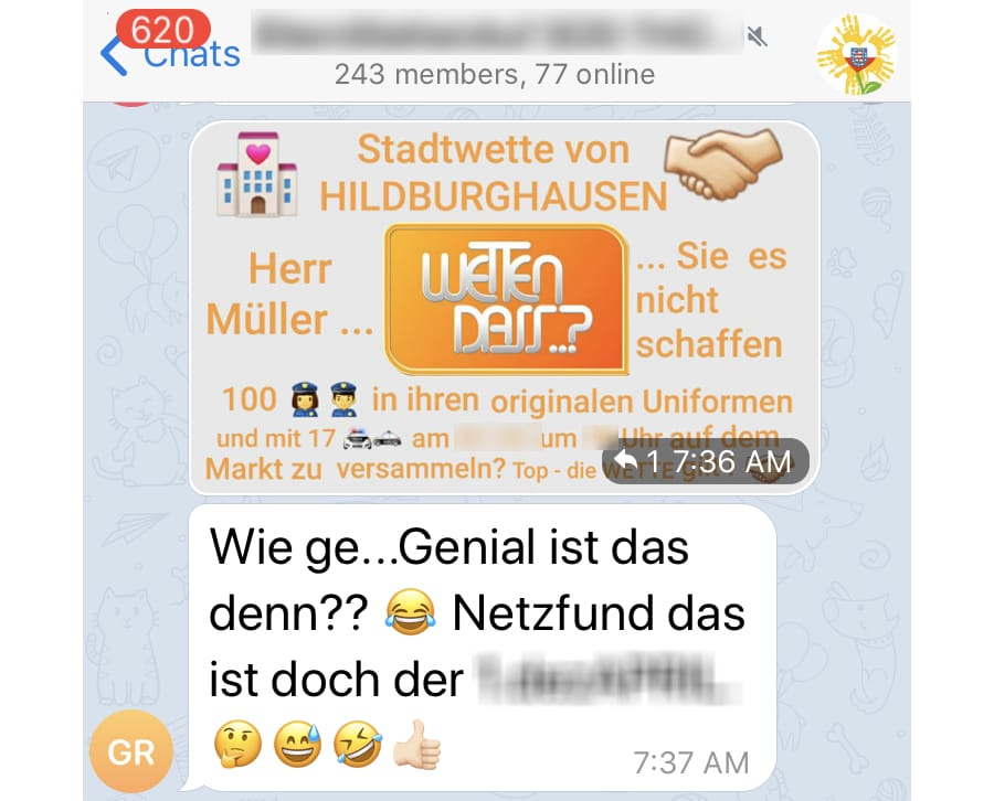 "Netzfund": Das schreibt der Nutzer dazu, als er am Freitag ein Posting der Stadtwette in den Telegram-Kanal von "Elternstehenauf" postet.